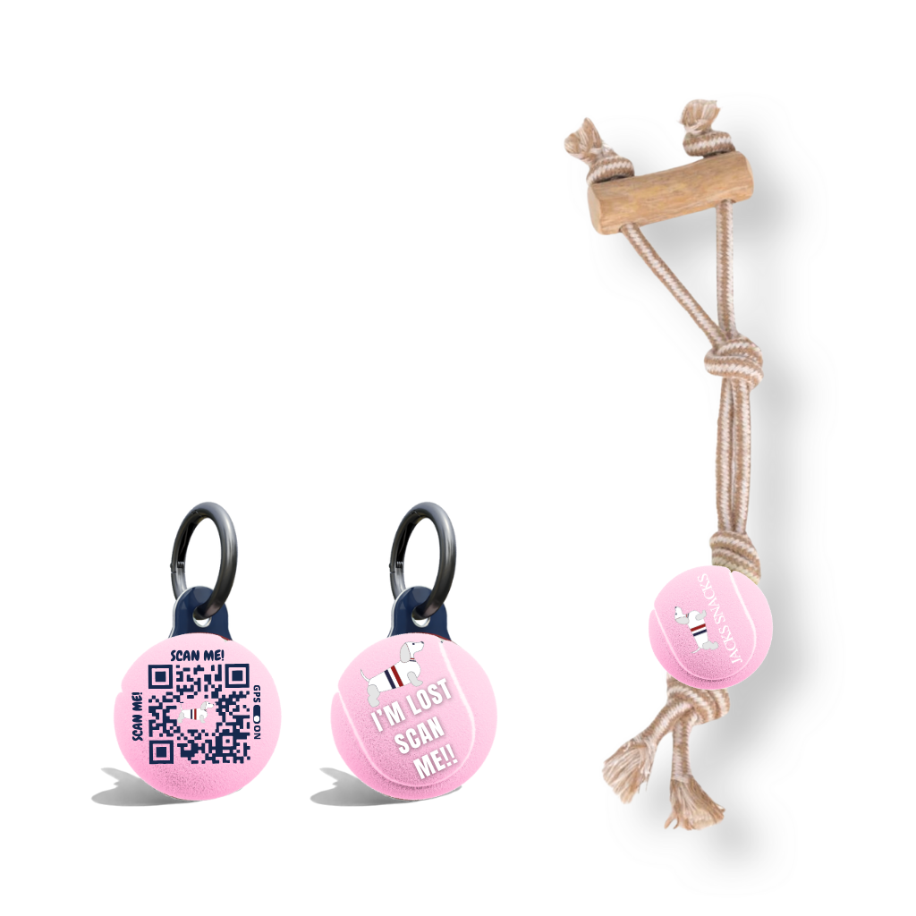 Rope Tug with Coffee Wood Handle and Tennis Ball Toy-Light Pink