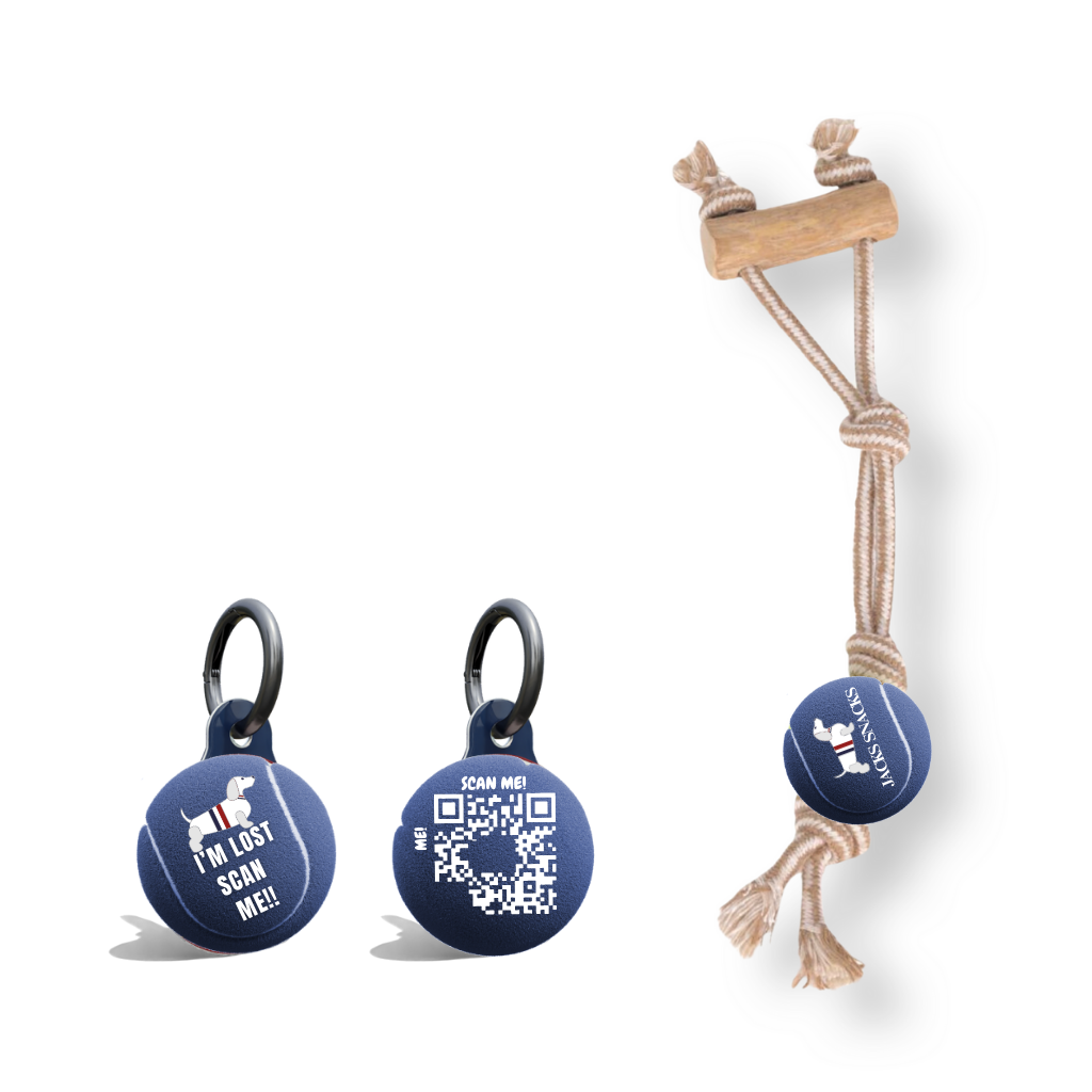Rope Tug with Coffee Wood Handle and Tennis Ball Toy-Navy