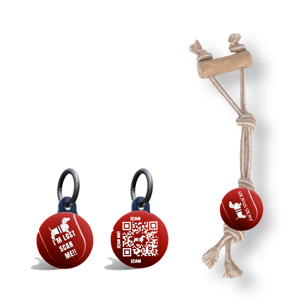 Rope Tug with Coffee Wood Handle and Tennis Ball Toy-Red