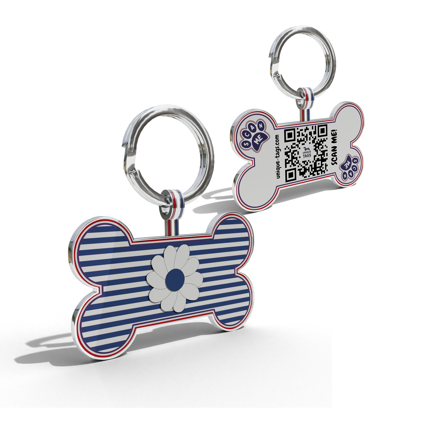 Premium Bone Shaped Navy Striped Daisy QR Tag