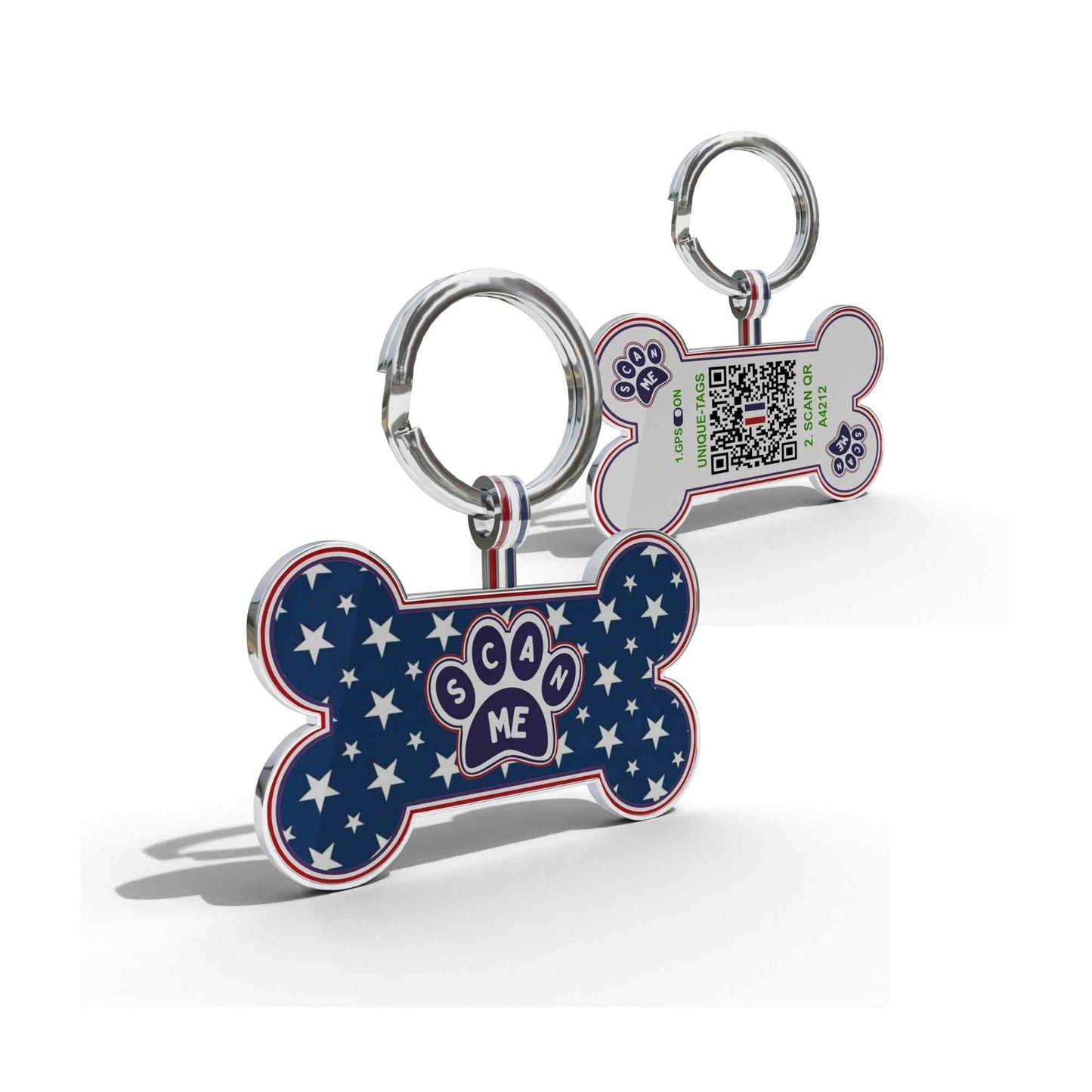 Premium Bone Shaped Navy Paw On Stars QR Tag