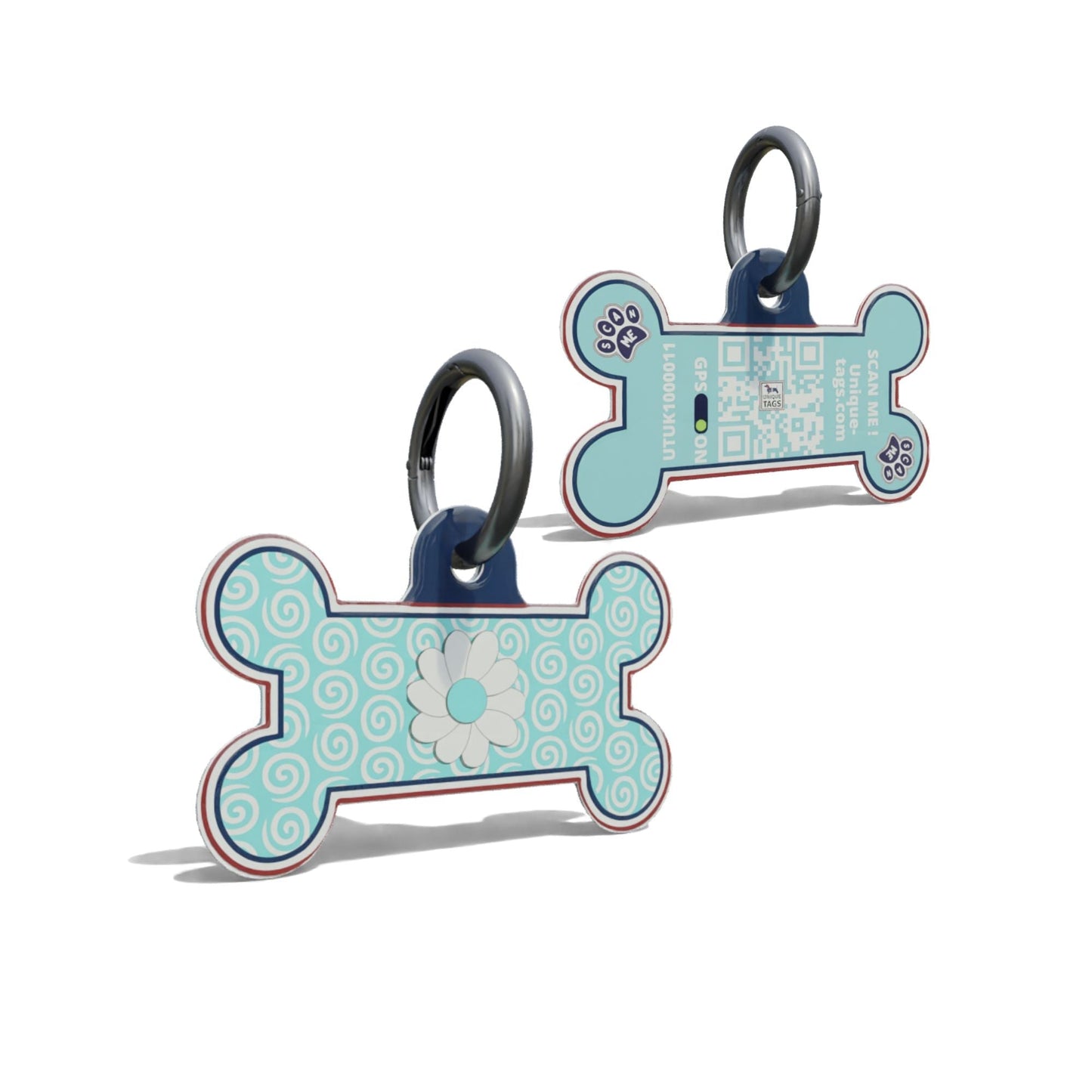Aqua Daisy On Swirls Bone Shaped Epoxy QR Tag