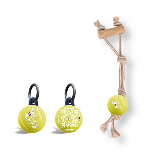Rope Tug with Coffee Wood Handle and Tennis Ball Toy-Yellow