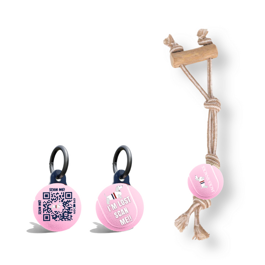Rope Tug with Coffee Wood Handle and Tennis Ball Toy-Light Pink