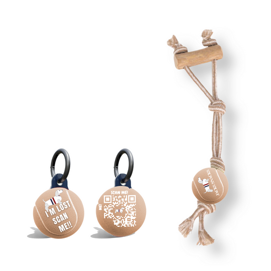 Rope Tug with Coffee Wood Handle and Tennis Ball Toy-Brown