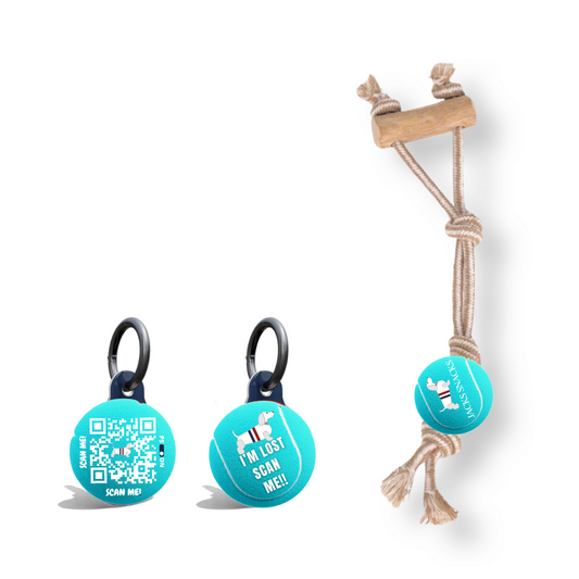 Rope Tug with Coffee Wood Handle and Tennis Ball Toy-Light Blue