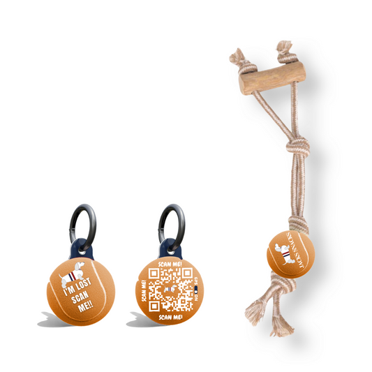 Rope Tug with Coffee Wood Handle and Tennis Ball Toy-Orange